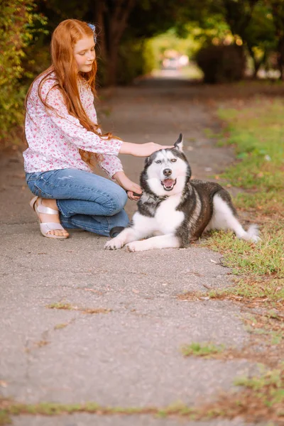 Linda Chica Adolescente Con Pelo Largo Rojo Pasea Con Perro — Foto de Stock