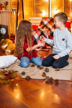 Uzun saçlı sevimli küçük kız kardeşi ve kabak ve plaids ile sonbahar sahne bir ağabey stüdyoda oynamak