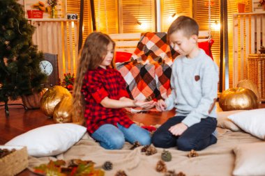 Uzun saçlı sevimli küçük kız kardeşi ve kabak ve plaids ile sonbahar sahne bir ağabey stüdyoda oynamak