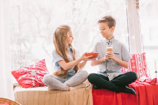 Niedliche Kleine Schwester Mit Langen Haaren Und Ein Älterer Bruder — Stockfoto