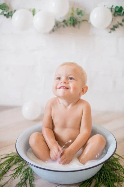 Cute Little Boy Splashing Basin Soapy Water Soap Bubbles Healthy — Stock Photo, Image