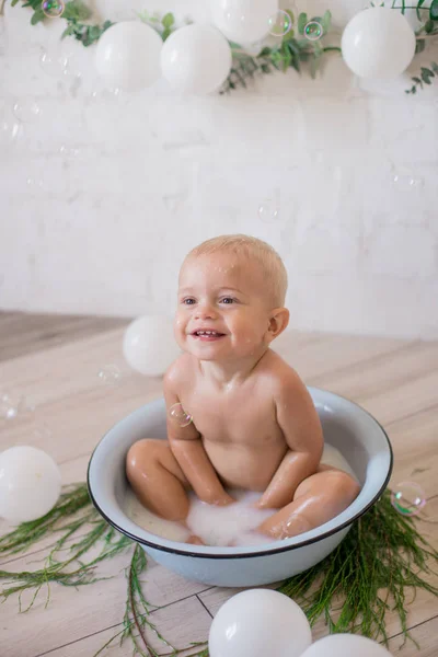 Cute Little Boy Splashing Basin Soapy Water Soap Bubbles Healthy — Stock Photo, Image