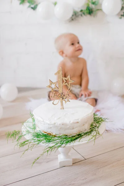 Niedliche Kleine Junge Mit Einer Geburtstagstorte Seinem Ersten Geburtstag Mit — Stockfoto