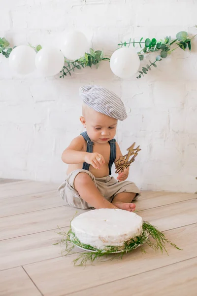 Ragazzino Carino Con Una Torta Compleanno Suo Primo Compleanno Con — Foto Stock