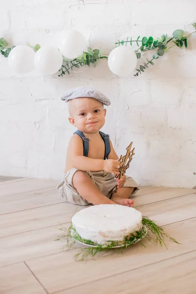 Ragazzino Carino Con Una Torta Compleanno Suo Primo Compleanno Con — Foto Stock