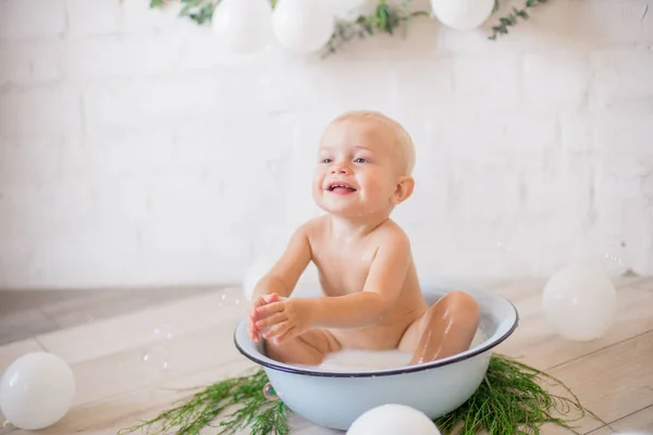 Cute Little Boy Splashing Basin Soapy Water Soap Bubbles Healthy — Stock Photo, Image