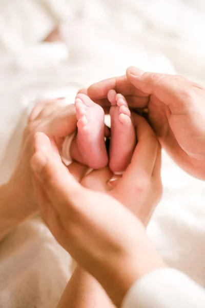 Mom Father Hands Holding Little Cute Legs Newborn Baby Home — Stock Photo, Image