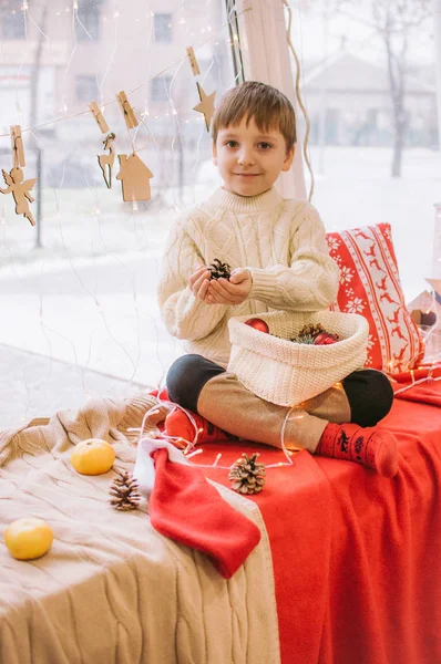 따뜻하고 스웨터를 귀여운 생일을 담요와 주택에 원추형 쿠키와 장식된 크리스마스 — 스톡 사진