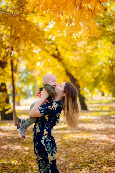 黄色の葉の間の秋の公園で家族 秋の公園では 幼い息子を持つ母親が葉で遊んでいます 秋の気分 — ストック写真