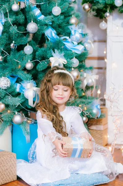 Cute Girl Long Hair White Ball Gown Christmas Tree Holiday — Stock Photo, Image