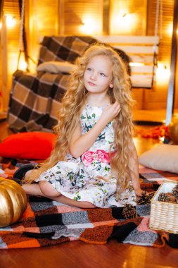 Okul çağında, sarı yaprakları, ekoseleri, balkabakları ve elmalarıyla bir sonbahar stüdyosunda sarışın, uzun saçlı tatlı bir kız.