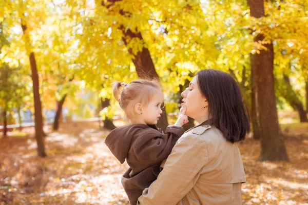 黄色の葉の間の秋の公園で家族 幼い娘を持つ若い母親は秋の公園で葉と遊ぶ 秋の気分 — ストック写真