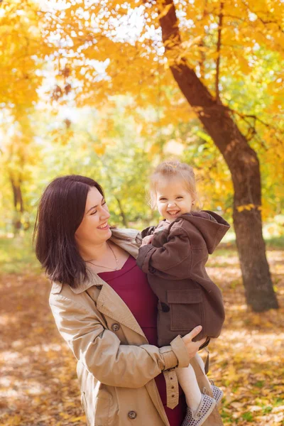 秋天公园里的家人在黄叶间 年轻的母亲带着一个小女儿在秋天的公园里玩树叶 秋天的心情 — 图库照片