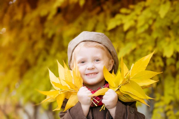 Cute Little Boy Blond Hair Brown Coat Cap Yellow Leaves — Stock Photo, Image