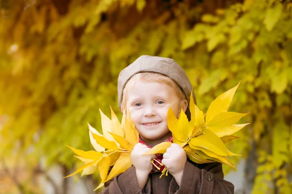 Милый Маленький Мальчик Светлыми Волосами Коричневом Пальто Кепкой Жёлтыми Листьями — стоковое фото