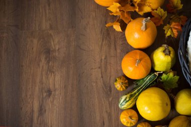 Koyu ahşap arka planda farklı şekillerde sarı, sulu balkabakları. Sonbahar yazı tahtası. Mutlu Cadılar Bayramı
