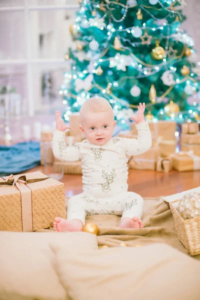 Little Toddler Boy Home Christmas Tree Gifts Toys Christmas Mood — Stock Photo, Image