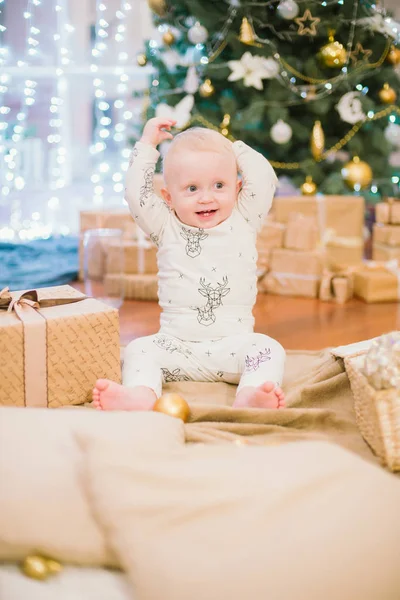Little Toddler Boy Home Christmas Tree Gifts Toys Christmas Mood — Stock Photo, Image