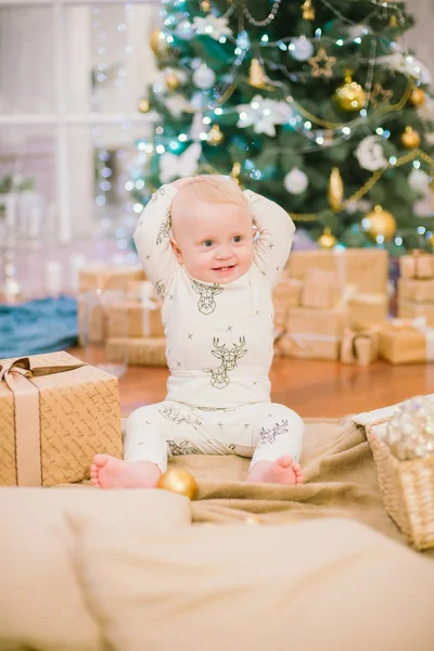 Little Toddler Boy Home Christmas Tree Gifts Toys Christmas Mood — Stock Photo, Image