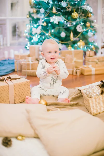 Little Toddler Boy Home Christmas Tree Gifts Toys Christmas Mood — Stock Photo, Image