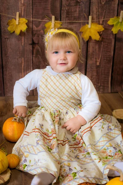 Little Cute Girl Pięknej Sukience Pomarańczowymi Dyniami Żółtymi Liśćmi Drewnianym — Zdjęcie stockowe