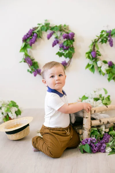 春天的工作室里 一个小男孩 装饰着紫丁香花和柠檬 绽放的春天 — 图库照片
