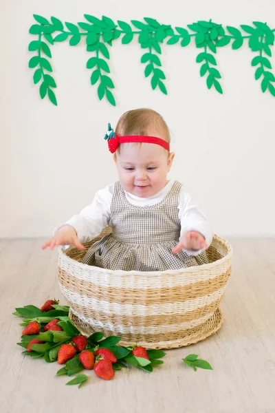 小可爱的女孩1岁在柳条篮装饰着红色多汁草莓 健康饮食夏日心情 — 图库照片