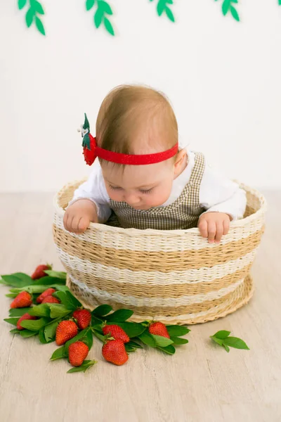 Little Cute Girl Roku Życia Wiklinowym Koszu Ozdobione Czerwonymi Soczystymi — Zdjęcie stockowe