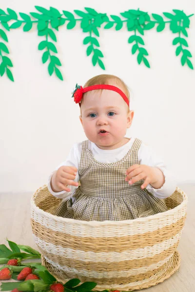 Piccola Ragazza Carina Anno Cesto Vimini Decorato Con Fragole Succose — Foto Stock