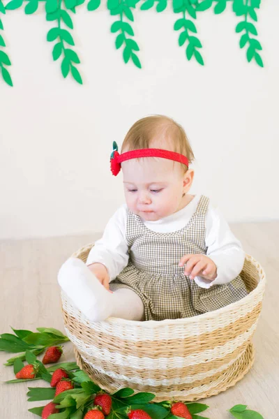 赤いジューシーなイチゴで飾られたウィカーバスケットに小さなかわいい女の子1歳 健康的な食事夏の気分 — ストック写真
