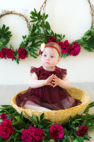 穿着像玛萨拉一样颜色的衣服的可爱小女孩 1岁坐在一个长着牡丹的柳条篮里 春天和花朵 儿童时尚 — 图库照片