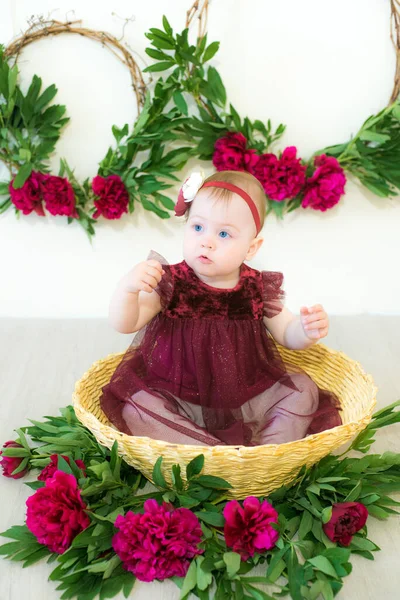 Malá Roztomilá Dívka Rok Šatech Barvy Marsala Sedí Proutěném Koši — Stock fotografie