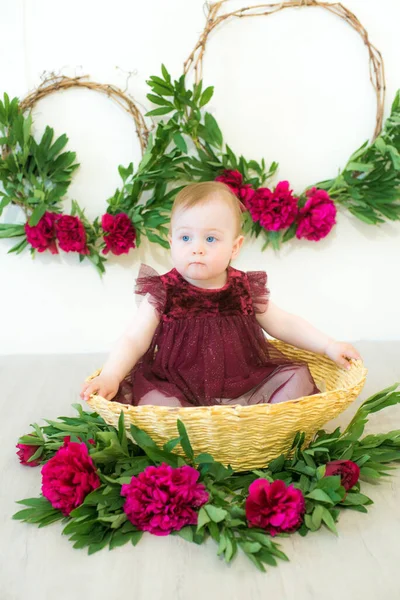 Malá Roztomilá Dívka Rok Šatech Barvy Marsala Sedí Proutěném Koši — Stock fotografie