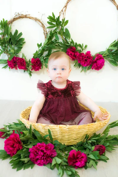 Malá Roztomilá Dívka Rok Šatech Barvy Marsala Sedí Proutěném Koši — Stock fotografie