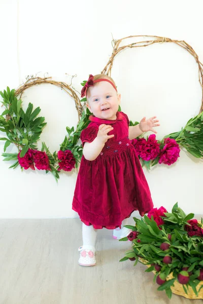 Little Cute Girl Year Old Dress Marsala Color Wicker Basket — Stock Photo, Image