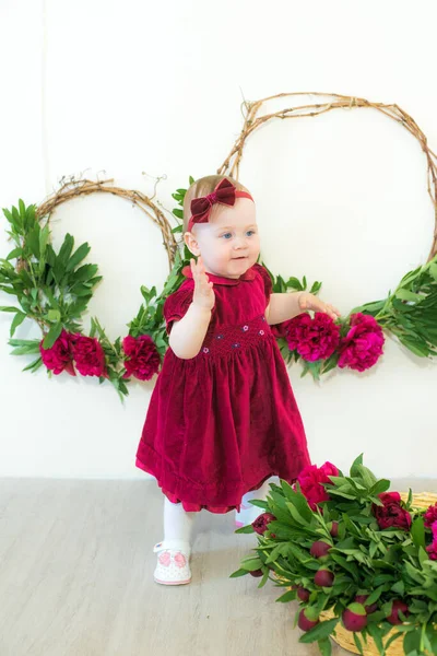 Little Cute Girl Year Old Dress Marsala Color Wicker Basket — Stock Photo, Image