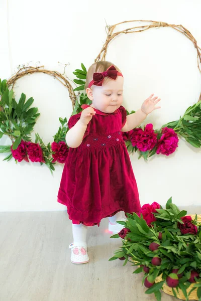 Little Cute Girl Year Old Dress Marsala Color Wicker Basket — Stock Photo, Image