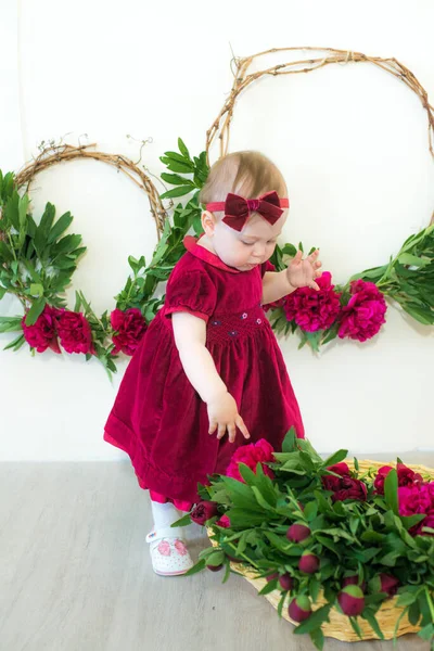 Little Cute Girl Year Old Dress Marsala Color Wicker Basket — Stock Photo, Image