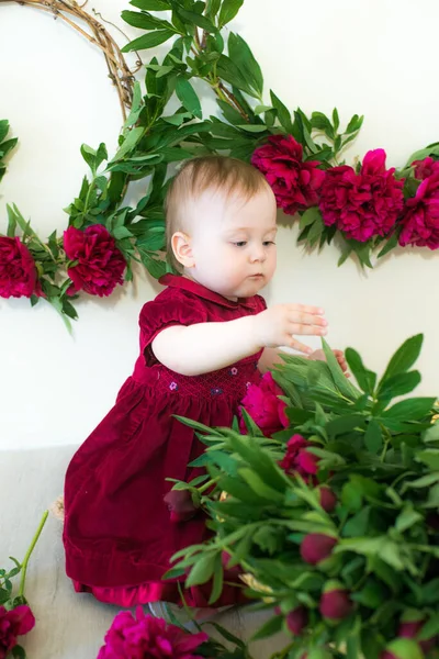 Little Cute Girl Year Old Dress Marsala Color Wicker Basket — Stock Photo, Image