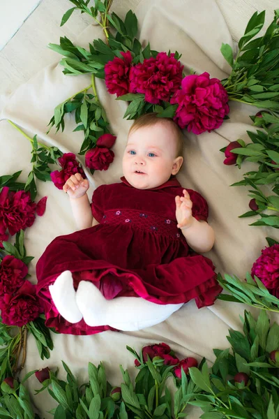 Маленькая Милая Девочка Год Платье Цвета Марсала Лежит Одеяле Окружении — стоковое фото