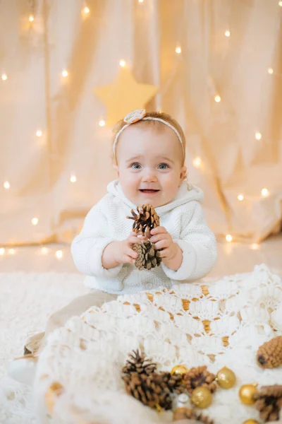 Little Cute Girl Year Old Light Knitted Sweater Bandage Flower — Stock Photo, Image