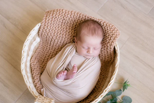 可爱的小宝宝躺在米色针织毛毯里的柳条篮里 夏天的心情快乐健康的童年 — 图库照片