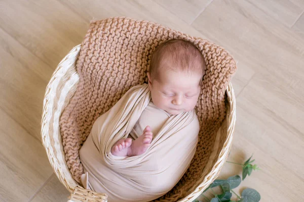 Cute Little Baby Lies Wicker Basket Beige Knitted Blanket Summer — Stock Photo, Image