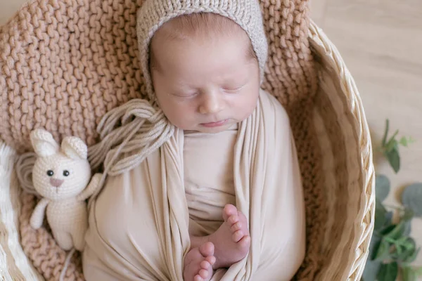 Cute Little Baby Dzianiny Kapelusz Króliczkiem Zabawka Leży Wiklinowym Koszu — Zdjęcie stockowe