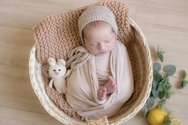 Cute Little Baby Dzianiny Kapelusz Króliczkiem Zabawka Leży Wiklinowym Koszu — Zdjęcie stockowe