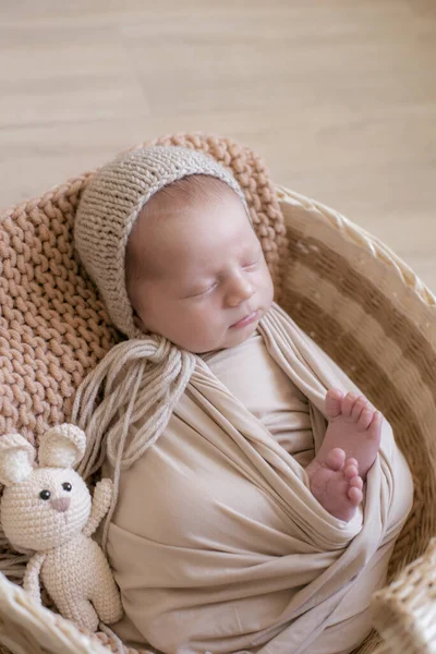 Bebê Bonito Chapéu Malha Com Coelho Brinquedo Está Uma Cesta — Fotografia de Stock