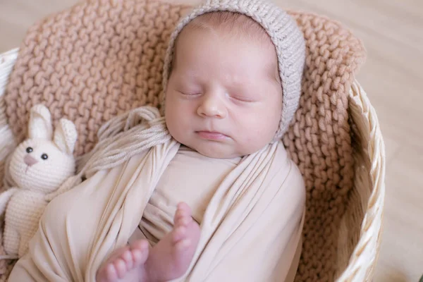 戴着针织帽子 头戴玩具兔子的可爱小宝宝躺在米色针织毛毯的柳条篮里 夏天的心情快乐健康的童年 — 图库照片