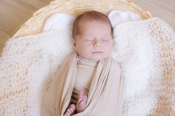 Cute Little Baby Lies Wicker Basket Beige Knitted Blanket Summer — Stock Photo, Image
