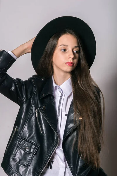 Teenage Girl Trendy Leather Jacket Even Hat White Background Teenage — Stock Photo, Image