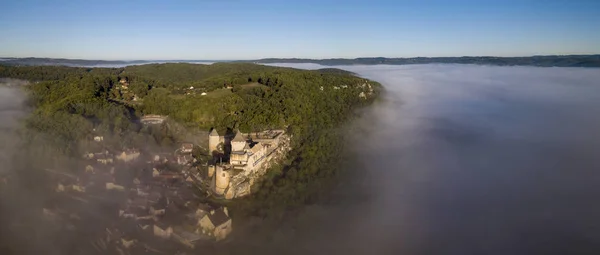 Castelo Castelnaud Rio Dordogne França Nevoeiro Nascer Sol Europa — Fotografia de Stock